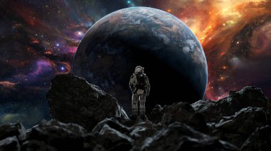 Astronaut cosmonaut surveys a breathtaking cosmic landscape with a looming planet and nebulae. 3d render clipart