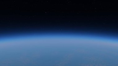Earth curvature at edge of space under starry sky, showcasing planet thin atmosphere. 3d render clipart