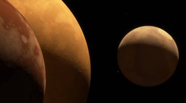 Two celestial planet bodies against black backdrop of space. Larger body dominates frame with its reddish hue and visible craters, while smaller body casts a subtle shadow. 3d render clipart