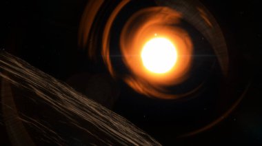 Parlak yıldız yoğun ışık ve enerji yayar, dönen güneş rüzgarlarına karşı silueti olan bir gezegen. 3d hazırlayıcı