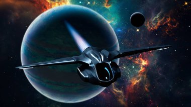 Parlak uzay gemisi, büyük mavi bir gezegenin yakınında yanan nebula ve uzak yıldızların arasında süzülüyor. 3d hazırlayıcı