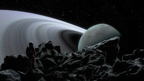 宇宙飛行士の宇宙探査機は 宇宙の巨大な環状惑星に魅了された 険しい地形の上に立っています 3Dレンダリング — ストック写真