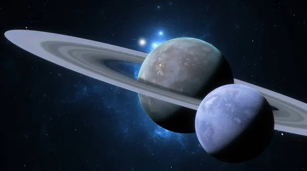 stock image Two planets in close proximity with a starlit background, one with prominent rings. 3d render