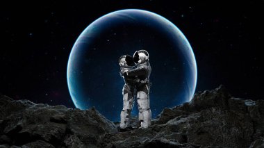 Two astronauts in a tender embrace on a barren, rocky surface with an otherworldly blue moon in the backdrop. 3d render clipart