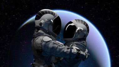 Astronauts in space, one holding the other, with Earth in the background under starry sky. Love. 3d render clipart