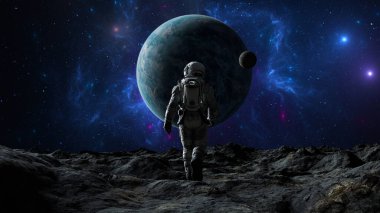 Astronot kayalık bir arazide duruyor. Uçsuz bucaksız mavi bir gezegen ve ayı kozmik nebulada asılı. Kozmonot yürüyüşü. 3d hazırlayıcı