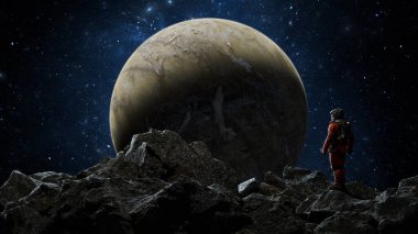 Astronot, yıldızlarla benekli bir gece gökyüzünün altında kayalık, dünya dışı bir yüzeyden büyük bir gezegene bakıyor. 3d hazırlayıcı