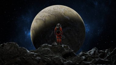Bir uzay elbisesi içindeki astronot, engebeli bir dünya dışı manzaraya tepeden bakan kayalık bir dağın zirvesinde muzaffer bir şekilde duruyordu. 3d hazırlayıcı
