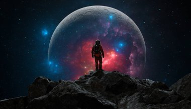 Astronaut gazes at a surreal celestial vista with a vibrant nebula shining through the silhouette of a moon. 3d render clipart