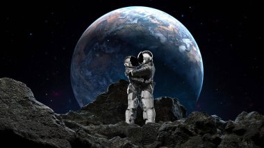 Two astronauts hugging on a rocky terrain against a backdrop of Earth rising in the space sky. 3d render clipart