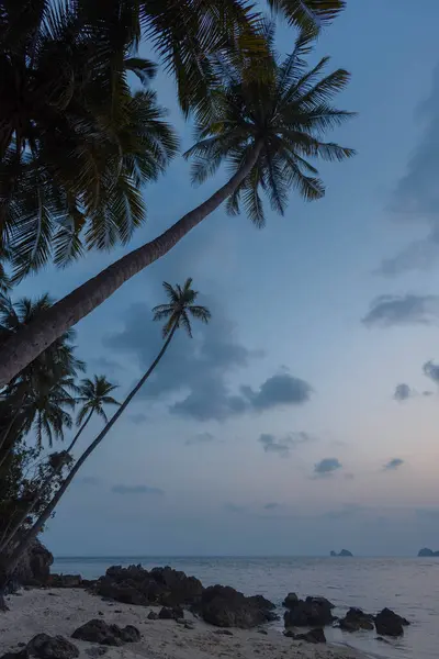Crepúsculo Céu Cobertores Uma Praia Tropical Com Palmeiras Ilhas Distantes Fotografias De Stock Royalty-Free