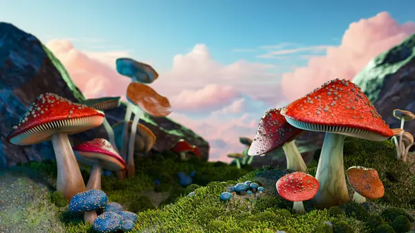 Cogumelos Mágicos Vários Tamanhos Que Aquecem Brilho Quente Pôr Sol Imagens Royalty-Free