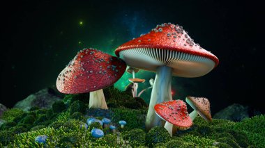 Parlak kırmızı başlıklı mantarlar, yıldızlı gökyüzünün altında bir yosun yatağının üzerinde yükseliyor ve büyüleyici bir manzara yaratıyor. 3d hazırlayıcı
