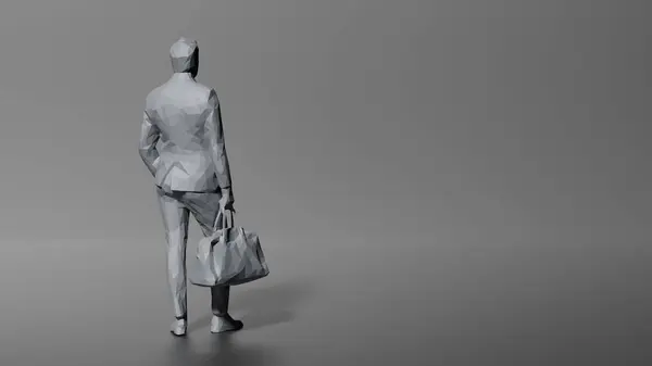 Mannequin stands holding a bag, poised against a solid grey backdrop, minimalist design. 3d render