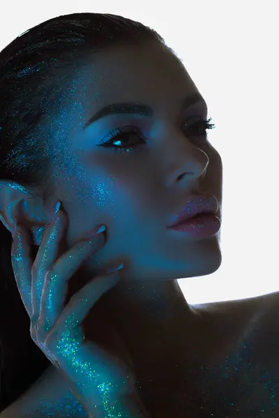 Close Serene Woman Her Skin Sparkling Soft Blue Light Gazing Fotografia De Stock