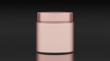 Krem için pembe kozmetik kavanozu, basitliği, zarafeti ve güzellik kozmetiğini yansıtan karanlık bir yüzeye dayanır. 3d hazırlayıcı