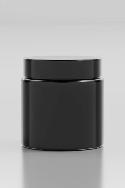 Matte siyah kozmetik kavanozu nötr arka planda oturur ve minimalist tasarımını ön plana çıkarır. 3d hazırlayıcı