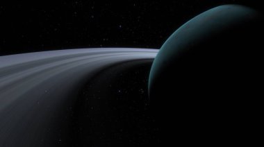 Geceleri uzayda çekilen Satürn halkalarının ve karanlık tarafın nefes kesici görüntüsü yıldızlı arka plandaki görkemli halkaları vurguluyor.