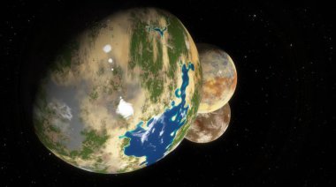 Terraformed planet with water bodies and green areas, closely orbiting its moon against a starry sky. 3d render clipart