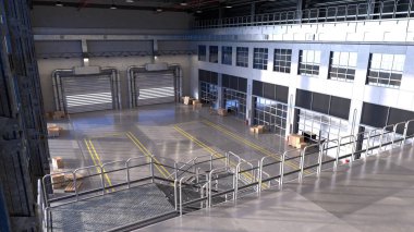 Paletler ve paketlerle dolu temiz bir depo. Güneş ışığı büyük pencerelerden akar. 3d hazırlayıcı