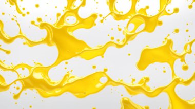 Yakın plan sarı sıvı beyaz arka plana sıçrıyor, dinamik ve soyut desenler oluşturuyor. 3d hazırlayıcı