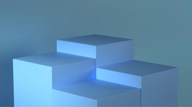 Dört mavi küp, açık mavi bir duvara karşı sendeleyerek dizilmiştir. 3d hazırlayıcı