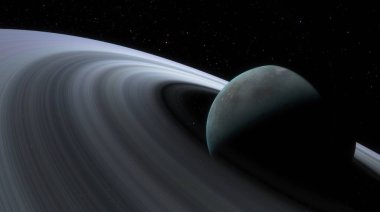 Geceleri uzayda çekilen Satürn halkalarının ve karanlık tarafın nefes kesici görüntüsü yıldızlı arka plandaki görkemli halkaları vurguluyor.
