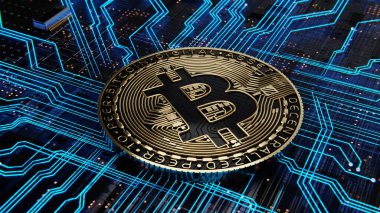 Bitcoin sikkesi, modern teknolojiyi ve dijital para biriminin geleceğini yansıtan karmaşık mavi çizgiler sergiliyor. 3d hazırlayıcı