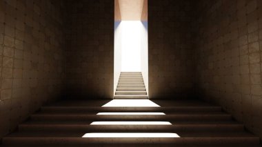 Güneş ışığı, minimalist mimari bir ortamda çarpıcı bir kontrastla iç mekanın barışçıl atmosferini vurgulayarak bir dizi merdivenden aşağı akar. 3d hazırlayıcı