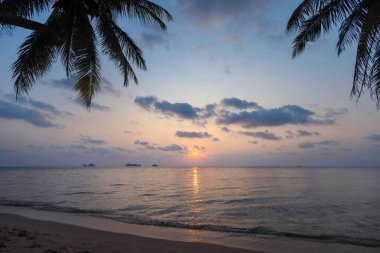Sakin okyanus sularının üzerinde sakin bir günbatımı, ön planda palmiye ağaçlarının silueti. Gökyüzü pembe, turuncu ve mavinin yumuşak bir karışımıdır. Huzurlu ve resimsel bir sahne yaratır..