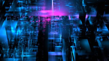 Dijital veriler mavi ve mor geometrik desenleri çarpıştırarak dinamik bir bileşim oluşturarak izleyicileri kendine çeken büyüleyici bir derinlik ve hareket yaratıyor. 3d hazırlayıcı.