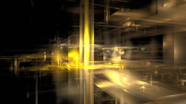 Soyut dijital sanatın büyüleyici bir görüntüsü girdaplı altın ışık ve karanlık bir zemin karşısında karmaşık geometrik desenler, büyüleyici ve büyüleyici bir atmosfer yaratıyor..