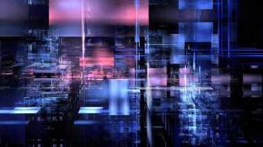 Soyut kompozisyonda geometrik şekiller ve canlı renklerin karışımı dijital bir manzarayı andıran dinamik bir görsel deneyim yaratır..