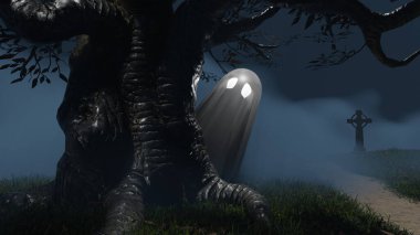 Görüntü, kısmen karanlık bir mezarlıktaki eğri büğrü bir ağacın arkasına gizlenmiş, yerde beliren bir sisle birlikte hayalet ruh halini betimliyor. 3d hazırlayıcı