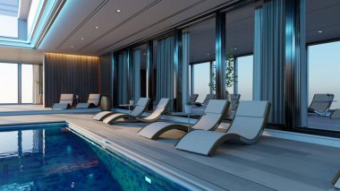 Etrafında zarif şezlonglar olan modern kapalı havuz. Büyük pencereler gün batımında nefes kesici bir görüntü sağlar, rahatlama atmosferini arttırır. 3d hazırlayıcı