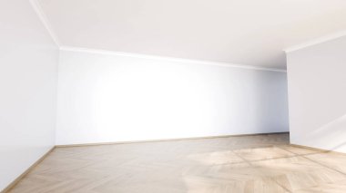Parlak ve ferah boş odada parlak ahşap döşemeler ve beyaz duvarlar yer alıyor ve gelecekte dekorasyon ve kişisel dokunuşlar için temiz bir tuval sunuyor. Doğal ışık açıklığı arttırır. 3d hazırlayıcı
