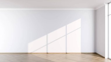 spacious, empty room features a light-colored wall and wooden floor. Bright natural light streams in through large windows, creating distinct shadows across the floor. clipart