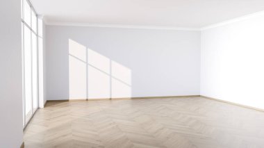 Boş oda düz ahşap zemin ve beyaz duvarlar içeriyor. Geniş pencerelerden süzülen güneş ışığıyla aydınlatılarak sakin bir atmosfer yaratılıyor. 3d hazırlayıcı