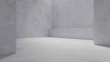 Geniş gri odada pürüzsüz yüzeyleri ve boş zemini olan minimalist mimari, yaratıcı faaliyetler veya modern yaşam alanları için ideal hale getiriyor. 3d hazırlayıcı