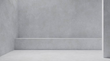 Çıplak beton duvarları ve pürüzsüz zemini olan geniş, modern bir oda. Minimalist tasarım, sakin bir ortamda yaratıcılığa ve tefekküre davetiye çıkaran boş bir tuval yaratıyor. 3d hazırlayıcı