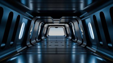 Fütüristik koridorda düz çizgiler ve aydınlık duvarlar var. Yüksek teknolojili bir atmosfer yaratıyorlar. Pürüzsüz tasarım, temiz ve modern estetiğin parlak bir sona götürdüğünü vurguluyor. 3d hazırlayıcı