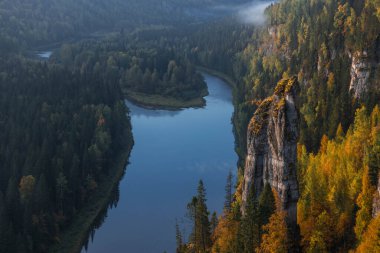 Kıvrımlı nehir bereketli bir ormanın içinden akar canlı sonbahar renkleriyle süslenir, şafağın yumuşak ışığında yıkanır, huzurlu bir doğal manzara yaratır..