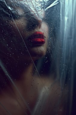 Yarı saydam bir plastik perde tarafından kısmen gizlenmiş bir kadın duygusal bir varlık yayar. Yağmur damlaları görünür, hafif ışıklandırmada sanatsal havayı geliştirir..