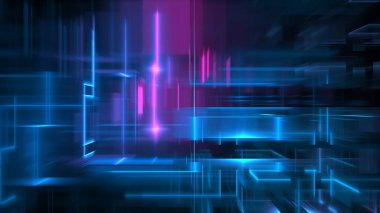 Mavi ve mor tonlarda canlı çizgiler ve şekiller kesişir ve nabzı atar, dinamik ve soyut bir model oluşturur. Bu sanat eseri dijital ortamda bir hareket ve enerji hissi uyandırıyor. 3d hazırlayıcı