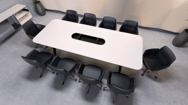 Çağdaş bir konferans odasında uzun, dikdörtgen masa siyah tekerlekli sandalyelerle çevrilidir. 3d hazırlayıcı