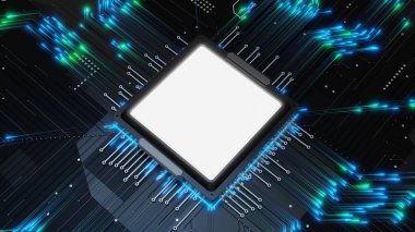 Merkezi işleme birimi, yüksek teknolojili bir ortamda canlı mavi ve yeşil parlayan bağlantılar ve karmaşık desenlerle aydınlatılmış karmaşık bir dijital devre kartının merkezinde yer alır. 3d hazırlayıcı