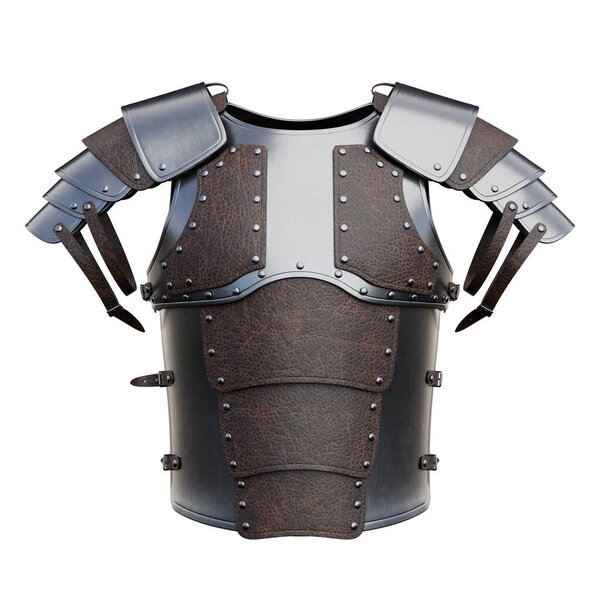 Прочная средневековая броня выделяется своим темным металлическим и кожаным дизайном, демонстрируя свои защитные элементы.