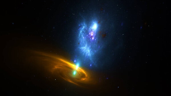 dramatic depiction of a black hole consuming nearby gas and dust. Bright blue and orange hues showcase the swirling mass and energetic phenomena occurring in the depths of space. 3d render