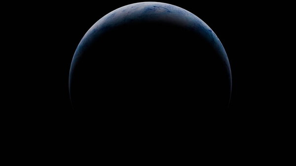 планеты темный силуэт заметно отображается на глубоком черном фоне, демонстрируя свою кривизну и намеки синих оттенков, вызывая тайну космического пространства. 3D рендеринг