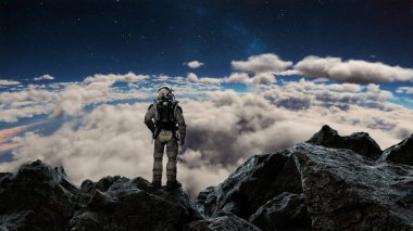 Astronaut stands on a rugged surface, gazing out across a vast cloud sea under a starry sky at twilight. The scene captures the blend of exploration and wonder in space. 3d render clipart